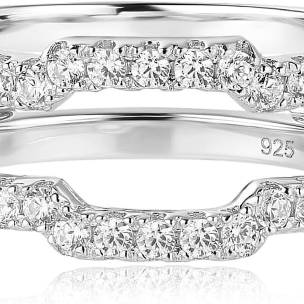 Sterling Silver Wedding Band Women Zirconia Curved Guard Ring Engagement